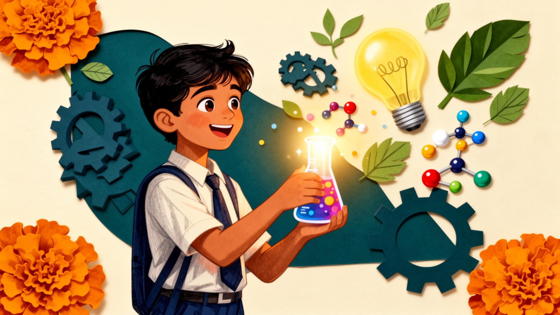 A young student in Rajasthan holding a glowing beaker surrounded by gears, leaves and molecules